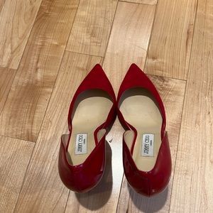 Jimmy Choo red suede and patent leather pump 4 inch heel